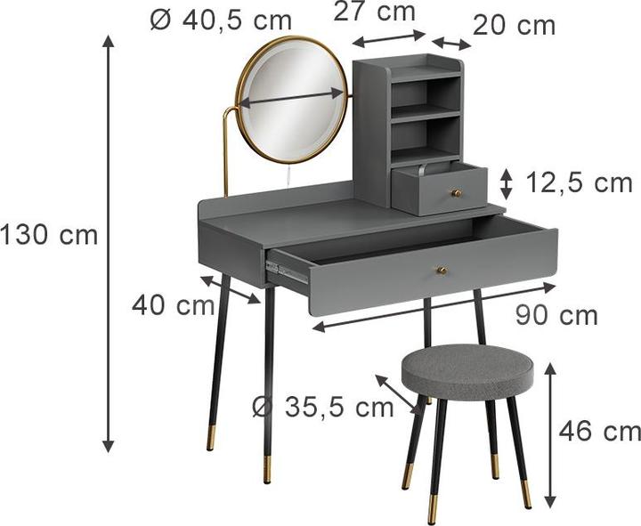 Produktbild Vichy Schminktisch Mirela, Grau, 90 cm mit LED-Spiegel und Hocker (130 x 40 cm)