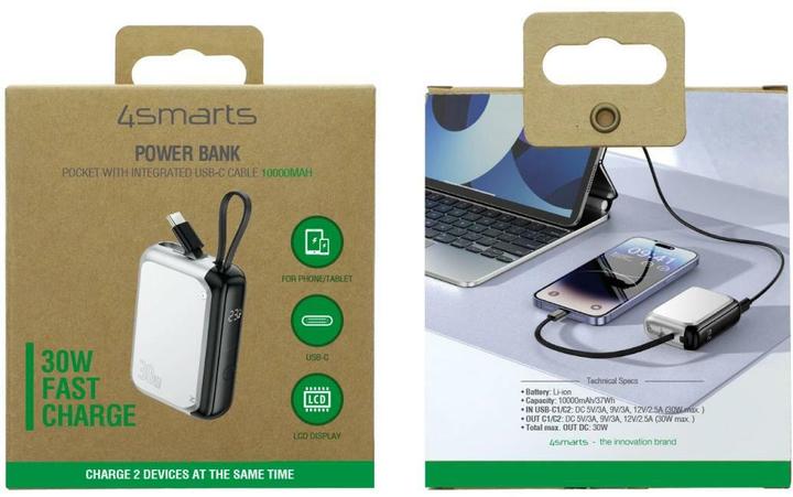 Image du produit 4smarts Powerbank Mit integriertem USB-C Kabel 10000 mAh, Silber (10000 mAh, 30 W, 37 Wh)