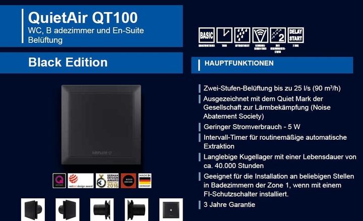 Produktbild Airflow Ultraleiser Badezimmerlüfter mit Feuchtigkeits- und Timersteuerung, 25 dB, 5 W, IP45