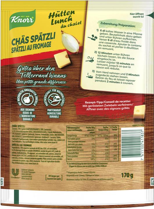 Image du produit Knorr Lunch du chalet Spätzli au fromage sachet, fromage crémeux, délicieux spätzli & jambon, plat cuisiné (180 g)