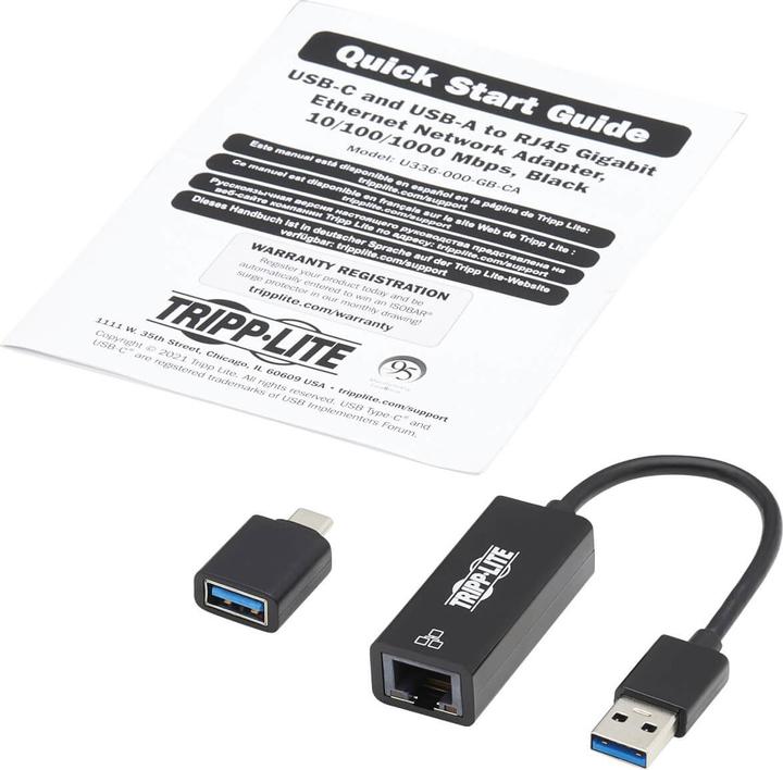 Actual product image Eaton U336-000-GB-CA USB-C, USB-A to RJ45 Gigabit Ethernet Network Adapter (2xM/F), USB 3.2 Gen 1, Black (USB, RJ45 (1x))