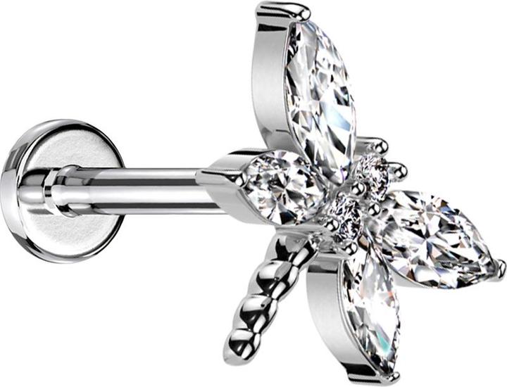 Image du produit Star Piercing Micro Threadless Labret silber Libelle silber Flügel Kristalle silber (Acier chirurgical 316L, Laiton)