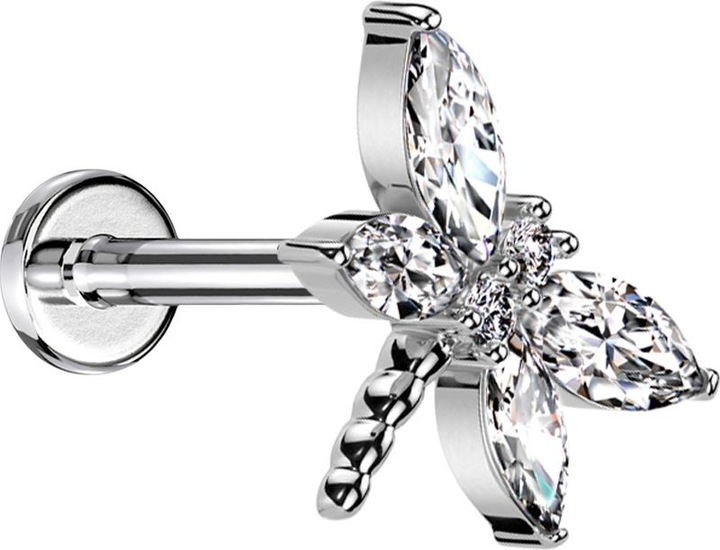 Produktbild Star Piercing Micro Threadless Labret silber Libelle silber Flügel Kristalle silber (Chirurgenstahl 316L, Messing)