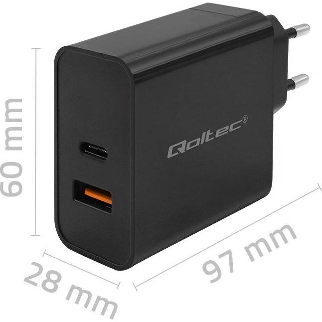 Qoltec Ładowarka Super Quick PD 65W 5-20V 1.5-3.25A 1xUSB typ C 1xUSB A Czarna (65 W), USB Ladegerät, Schwarz
