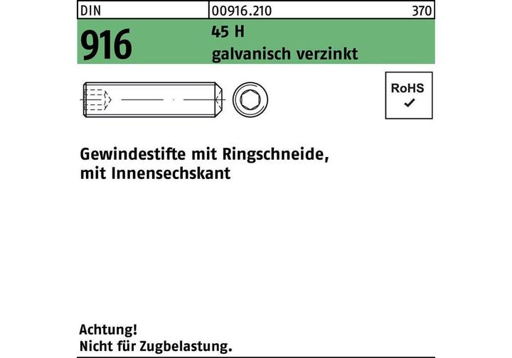 Produktbild Gewindestift DIN 916 Ringschn./Innen-6-Kant M 12 x 50 45 H galvanisch verzinkt (100 Schrauben pro Stück)