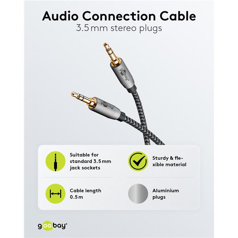 Thumbnail - Goobay Audio Verbindungskabel AUX, 3,5 mm stereo, 0,5 m, Sharkskin Grey (0.50 m, 3.5mm Klinke (AUX)), Audio Kabel