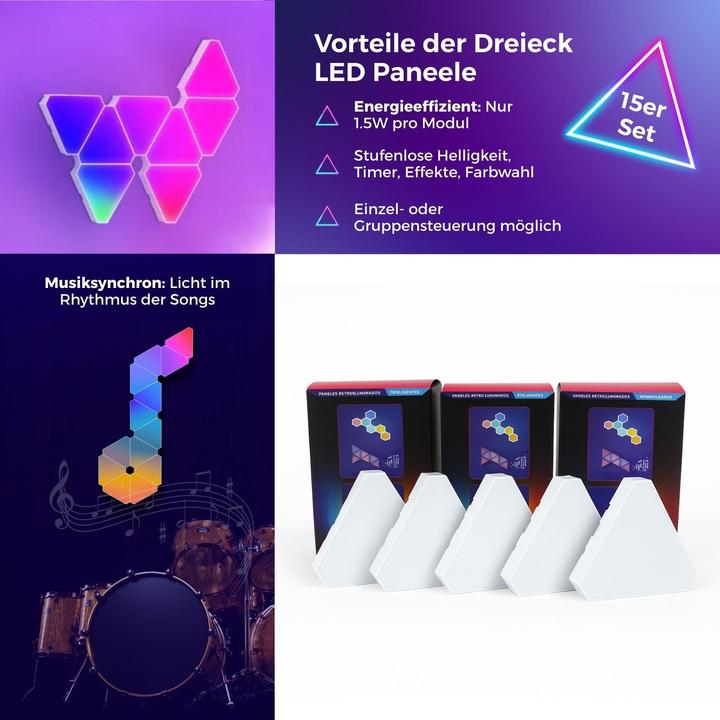 Produktbild Hermex 15er Set LED RGBIC Dreieck-Lichtpaneele Leuchtplatten Wandleuchte