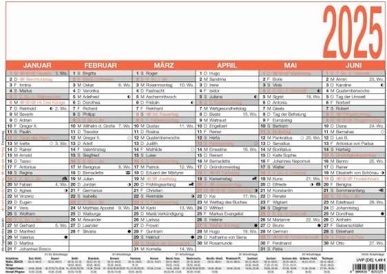 Namenstagekalender 2025 weiss/rot, 29,7x21cm, Plakatkalender mit Jahresübersicht, 6 Monate (A4, Harter Einband, Deutsch)