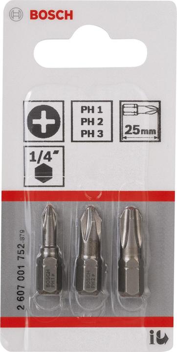 Produktbild Bosch Professional Zubehör Schrauberbit-Set, Extra Hard, 3-tlg., PH1, PH2, PH3, 25 mm (Kreuz Phillips PH)