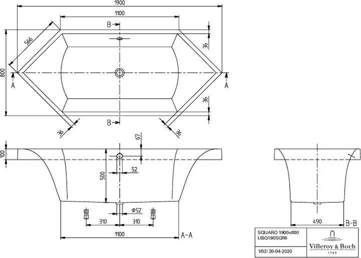 Produktbild Villeroy & Boch V&B Einbauwanne SQUARO Sechseck 1900x800mm we (185 l, 190 cm, 80 cm)