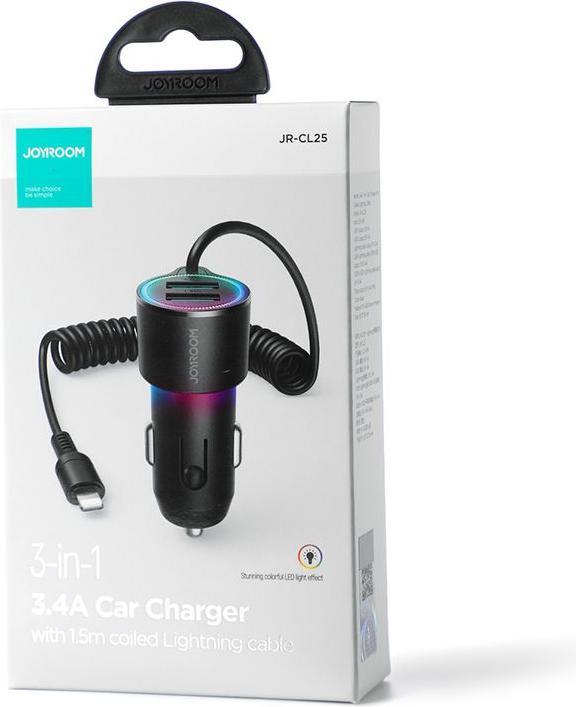 Produktbild Joyroom 3-in-1 fast car charger with Lightning cable 1.5m 17W