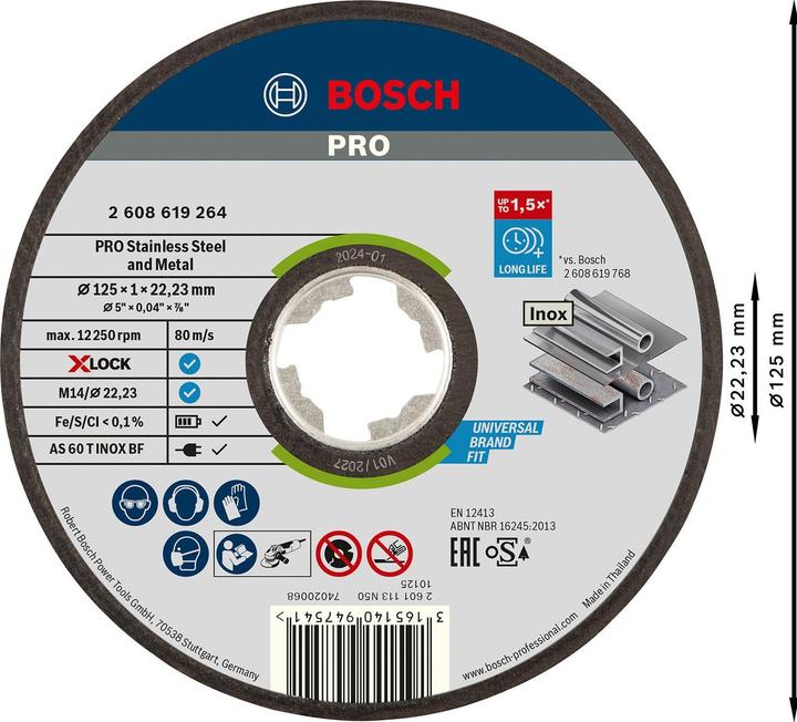 Bosch Professional Zubehör PRO Stainless Steel and Metal X-Lock Trennscheibe, 125 x 1 x 22,23 mm