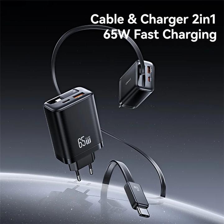 Image du produit Usams CC299 65W Fast Charger With Retractable Type-C Cable (EU) - Xiang Series Black (65 W)