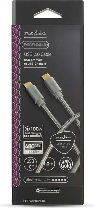 Actual product image Nedis CCTB60800AL10. Cable length: 1 m, Port 1: USB C, Port 2: USB C, USB version: USB 2.0, Maxim (1 m, USB 2.0, 100 W)