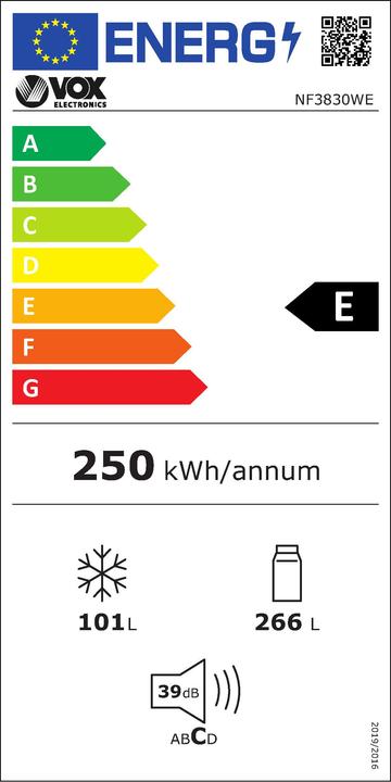 Energie-Label Vox Kombikühlschrank NF 3830 W E (E, H: 266 l, Z: 101 l, NO-FROST, weiss) (366 l)