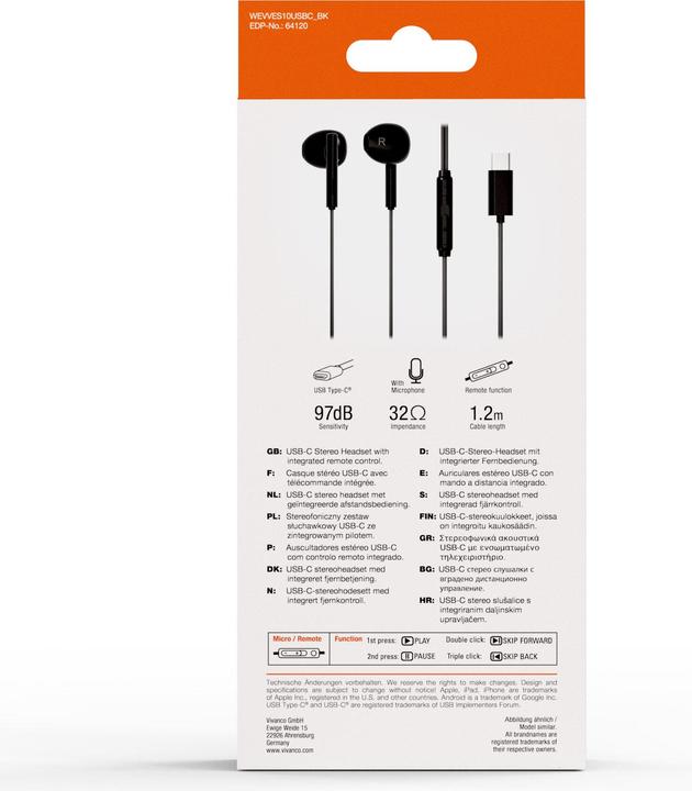 Image du produit Vivanco Casque stéréo USB-C Capsule In-Ear, noir, filaire, télécommande incluse (Filaire)