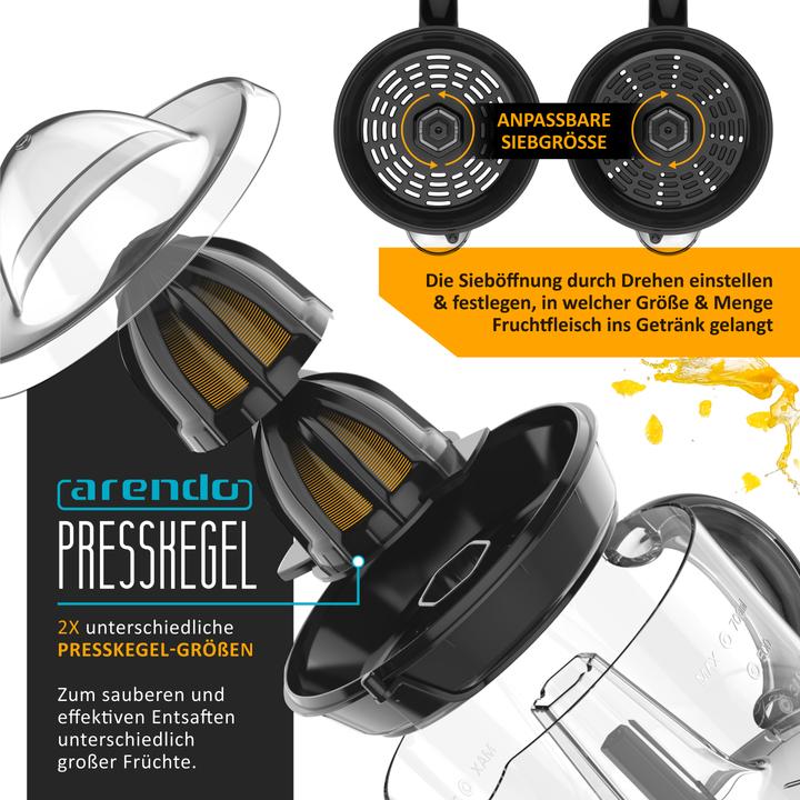 Actual product image Arendo Elektrische Zitruspresse, 2 Presskegel, BPA-frei, 2x Drehrichtungen, Entsafter 40W, 700ml Behälter