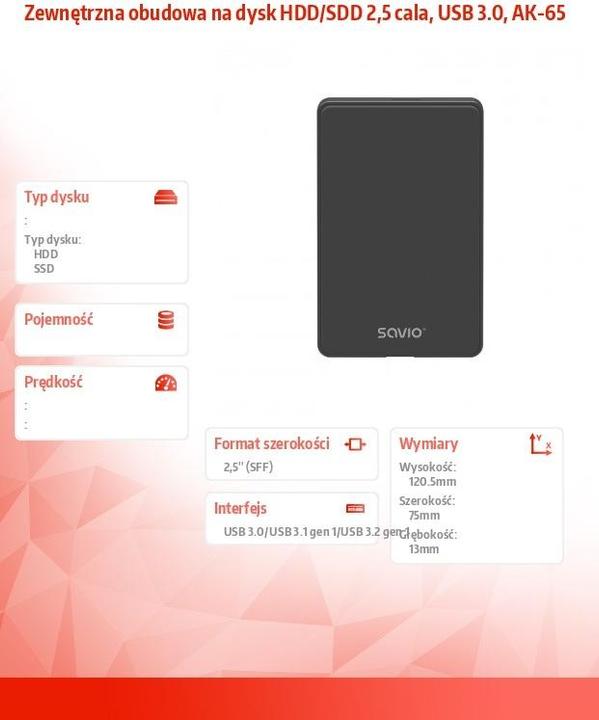 Produktbild Savio 2.5 Externes HDD/SSD-Gehäuse USB 3.0 AK-65 (2.5")