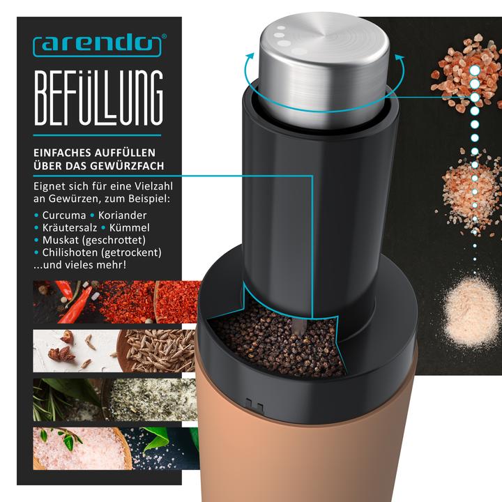 Produktbild Arendo Salzmühle & Pfeffermühle 2er Set, Salz und Pfeffer Mühle elektrisch, einhändig, Batteriebetrieben (Salz, Pfeffer)