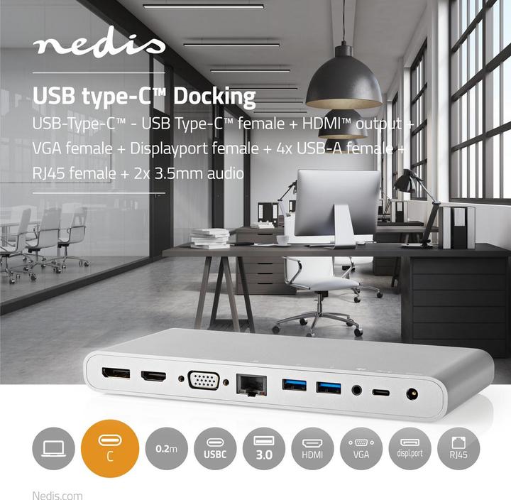Actual product image Nedis USB Docking Station | USB 3.2 Gen 1 | USB-C™ Connector | DisplayPort Jack / HDMI™ Jack / RJ45 (USB-C, 12 ports)