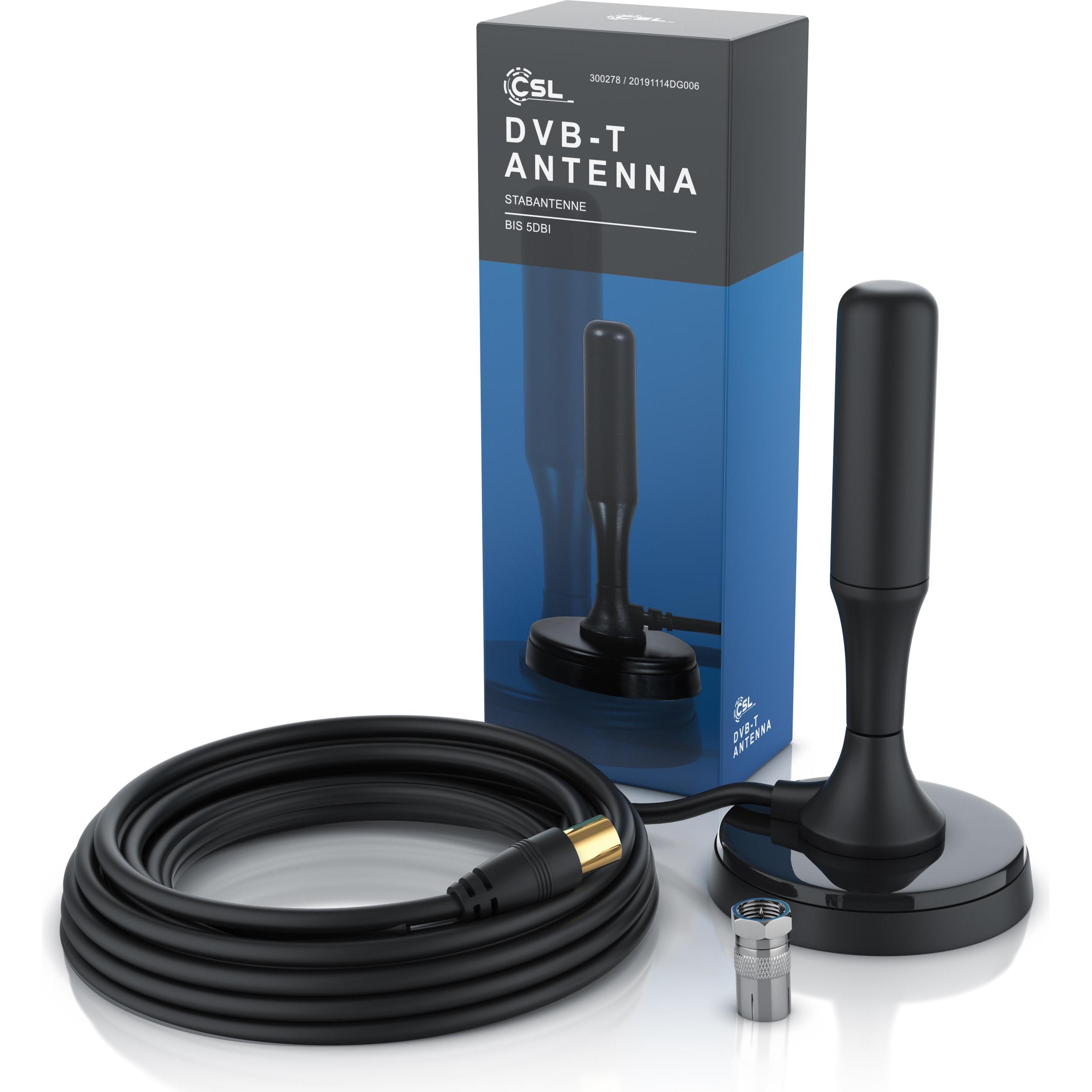 CSL DVB-T2 Stabantenne für Innenbereich, digitale Antenne mit 4m Kabel / inkl. F-Stecker Adapter (Stabantenne, 5 dB, DVB...