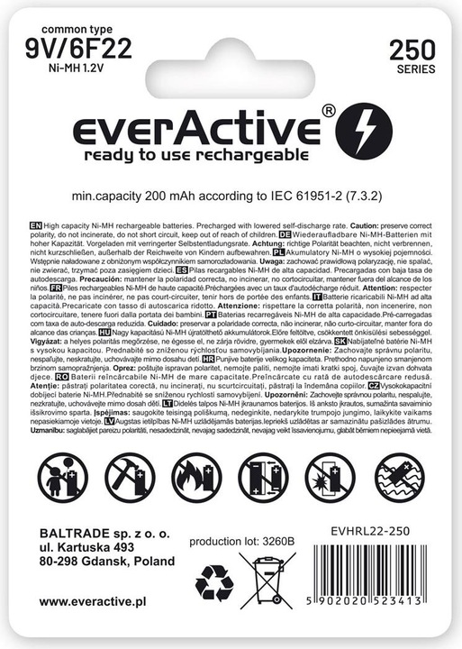 Actual product image Everactive Rechargeable 6F22 9V 250 mAh (1 pcs., 9V Block, 250 mAh)