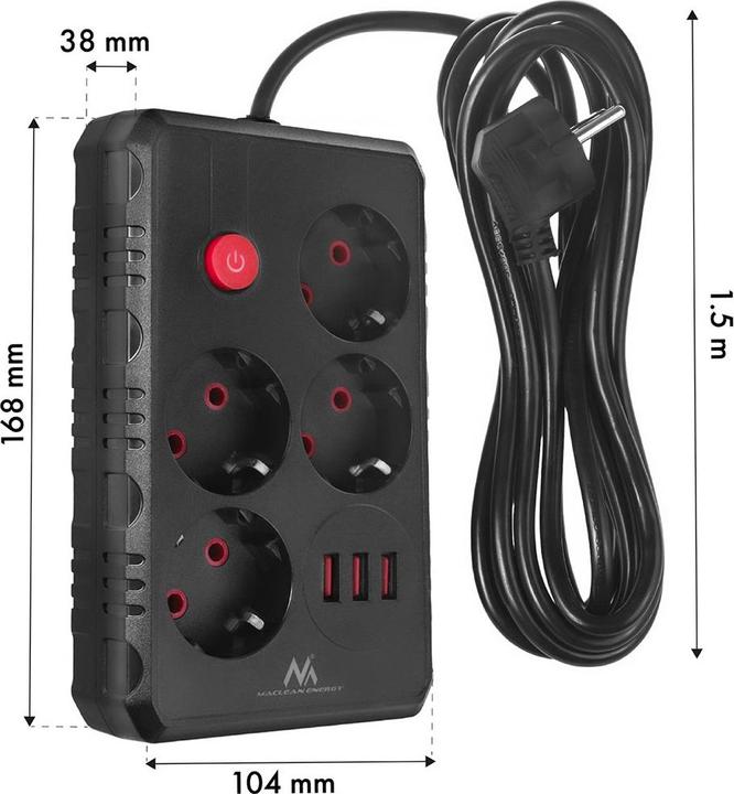 Actual product image Maclean Multiprise 4 prises MCE392 + USB + Interrupteur 1,50m (Noir) (4x, USB-A, 1.50 m)