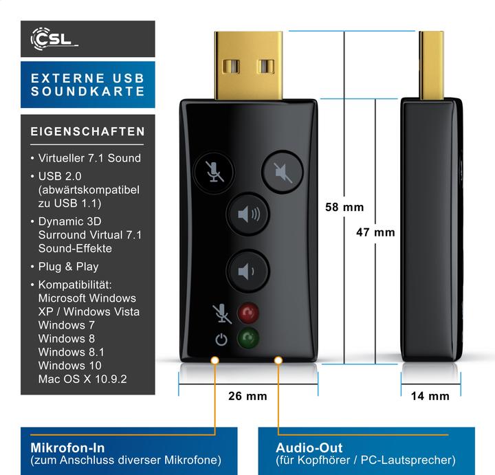 Produktbild CSL USB Soundkarte Virtual 7.1 Surround Sound, Extern, Funktionstasten, Dynamic 3D, schwarz (USB 2.0)