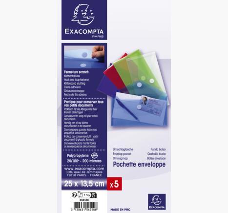 Image du produit Exacompta Sachet de 5 mini pochettes-enveloppes polypropylène - 25x13,5cm - Couleurs assorties (24 x 18 cm, 5 x)