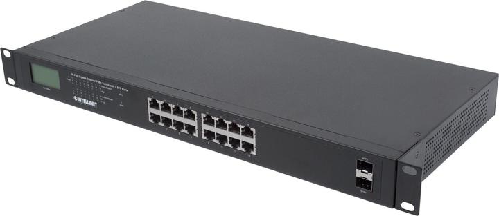 Actual product image Intellinet 16-port Gigabit Ethernet PoE+ switch with 2 SFP ports and LCD display (PoE+/PoE) 370 W Endspan 19 (16 Ports)
