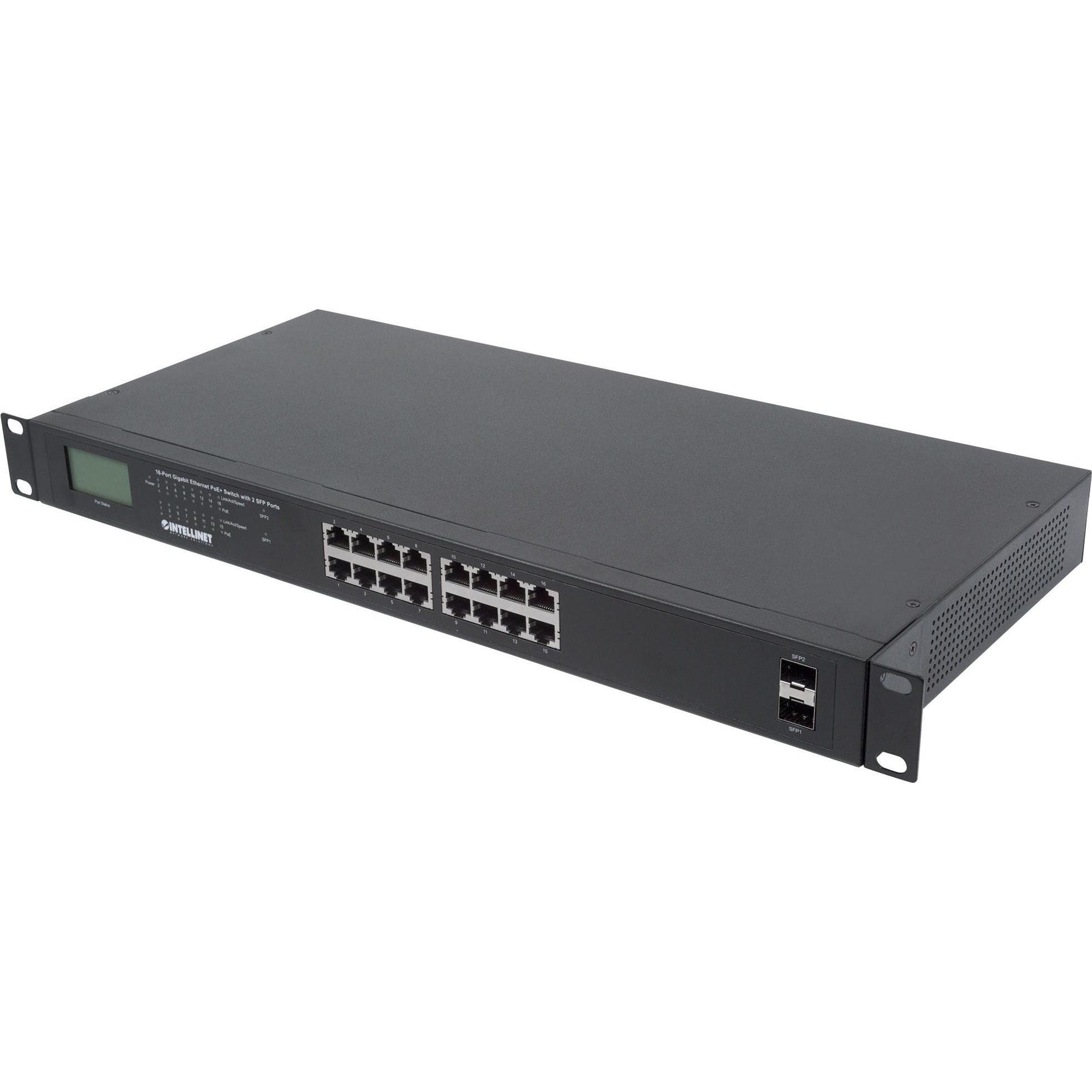 Intellinet 16-Port Gigabit Ethernet PoE+ Switch mit 2 SFP-Ports und LCD Anzeige (PoE+/PoE) 370 W Endspan 19... (16 Ports...