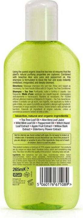 Nutritional values and ingredients Dr. Organic BIOACTIVE ORGANIC Tea Tree Shampoo 265 ml (265 ml, Liquid shampoo)