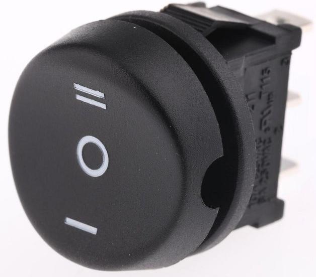 Actual product image RS PRO SPDT round rocker switch, I-O-II marking