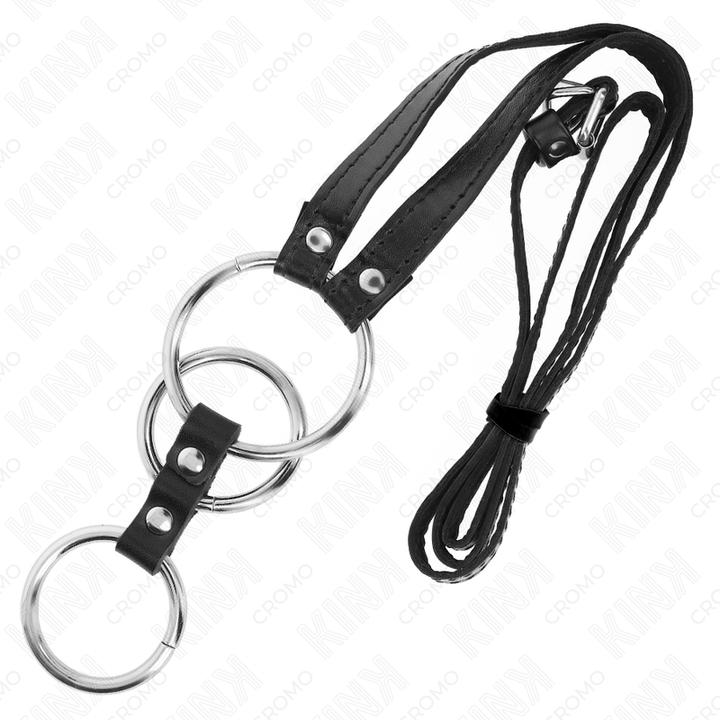 Actual product image Kink Triple Metal Penis Ring 3,8 cm To 5 cm With Leather Straps 112 cm (3.80 cm)