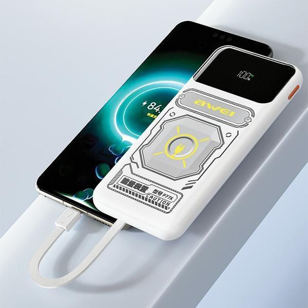 Actual product image Awei PowerBank z wbudowanym kablem Lightning/USB-C P77K 10000mAh czarny/black 22.5W (10000 mAh, 22 W, 37 Wh)