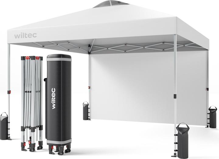 Wiltec Pop up Pavillon 3x3m weiss Seitenteil Räder Gartenpavillon Faltpavillon (300 cm, 300 cm)