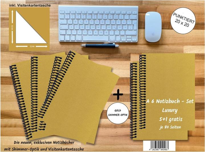 Actual product image A 6 notebook - set, 4+2 free, Luxury 80 pages GOLD GMUND SHIMMER, dotted 20x20mm (A6, Dotted)