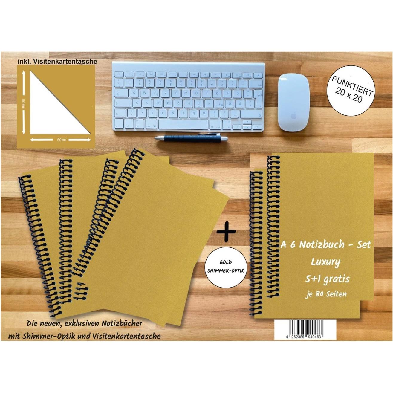 E & Z, Heft + Block, A 6 Notizbuch - Set, 4+2 gratis, Luxury 80 Seiten GOLD GMUND SHIMMER, punktiert 20x20mm (A6, Spezia...