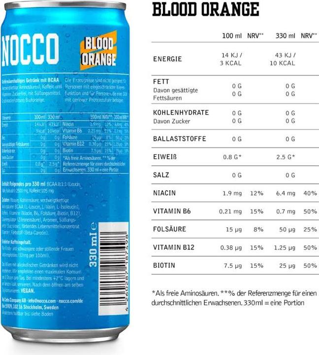 Valeurs nutritives et ingrédients Nocco BCAA Orange sanguine (Orange sanguine, 1 x)
