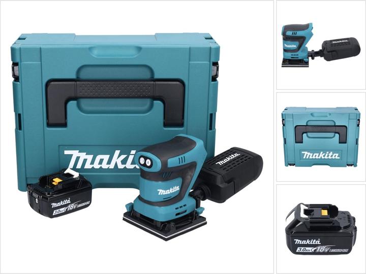 1x Makita DBO 480 Akku Schwingschleifer, 1x Staubbox, 1x Makita BL 1830 B 18 V 3,0 Ah Akku, 1x Makpac, 1x Universaleinlage