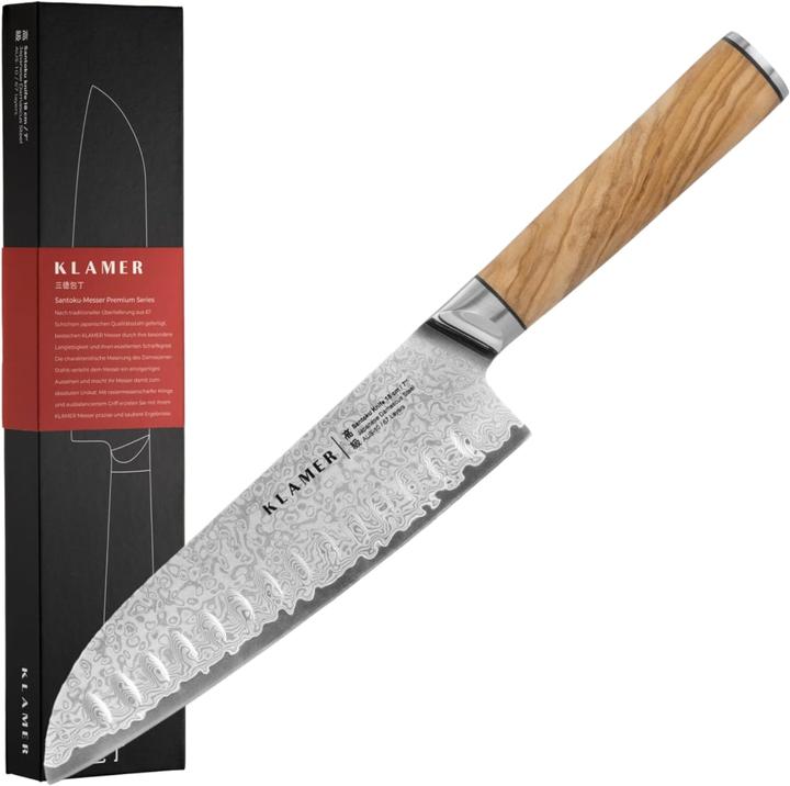 Image du produit KLAMER Santoku Damastmesser Olive 18 cm Kochmesser (18 cm)