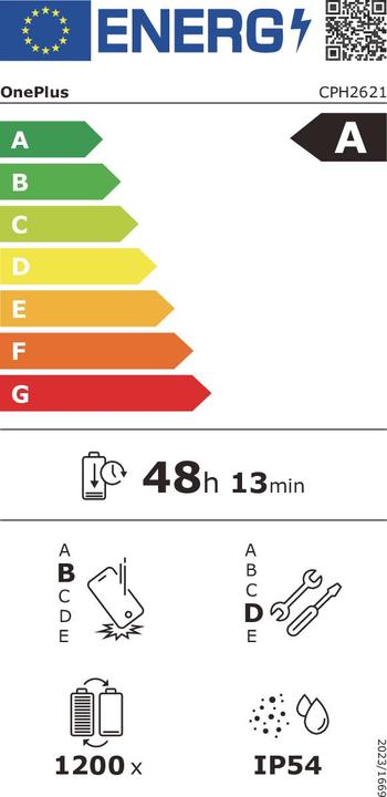 Label énergétique OnePlus Nord CE4 Lite (256 Go, Super Argent, 6.67", Double SIM hybride, 5G)
