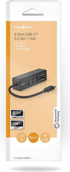 Produktbild Nedis USB-Hub | 1x USB-C™ | 3x USB A Buchse | 5-Port port(s) | USB 3.2 Gen 1 | Stromversorgung über (USB-C, 5 Ports)