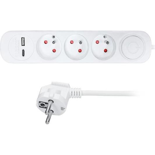 Olight, Steckdosenleiste, Solight 3z predlžovací prívod s USB A+C nabíjačkou 2,4A, 2m, 3 x 1mm2, biely, vypínač (3 x, CE...