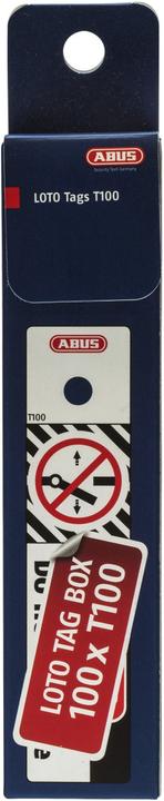 Abus LOTO warning tag T100, small, in 100 piece dispenser, red.