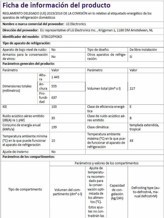 Valori nutrizionali e ingredienti LG GTBV22PYGKD (217 l)