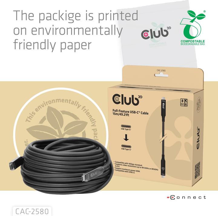 Immagine prodotto Club 3D Club3D USB-C AOC-Kabel 8K/ 10Gbps/ 60W 15m St/St (15 m, USB 3.2 Gen 2, 60 W)
