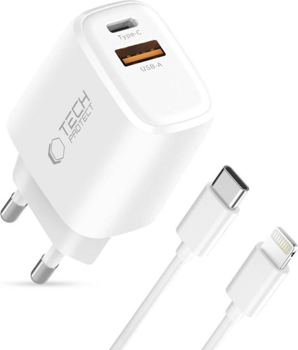 Produktbild Tech-Protect NCA20 PD 20W QC3.0 USB-A / USB-C Wandladegerät + USB-C / Lightning Kabel 100cm - Weiss (20 W, 2 Ports)