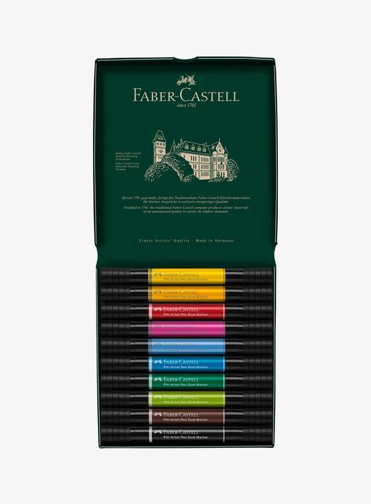 Produktbild Faber-Castell Tuschestift (#120 Ultramarine, #125 Middle Purple Pink, #175 Dark Sepia & #199 Black, #107 Cadmium Yellow, #219 Deep Scarlet Red, #109 Dark Chrome Yellow, #170 May Green, 10 x)