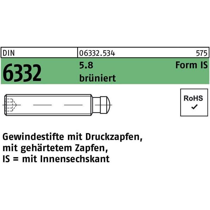 Schrauben, Gewindestift DIN 6332 Form IS m.Zapfen/Innensechskant IS M 8 x 50 5.8 brüniert (10 Schrauben pro Stück)